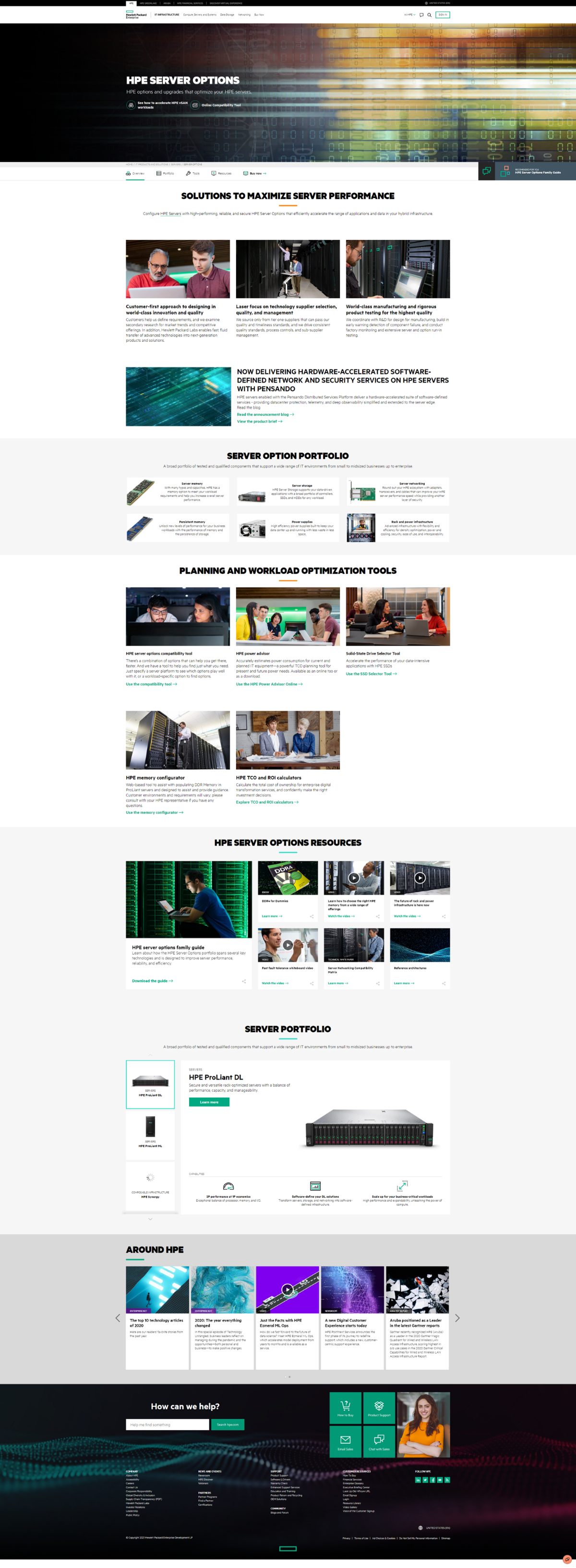 The original HPE Server Options page: a hero banner, three generic marketing panels, a Pensando announcement, the portfolio grid, a tools block, a resources block, a second portfolio block and an Around HPE carousel.