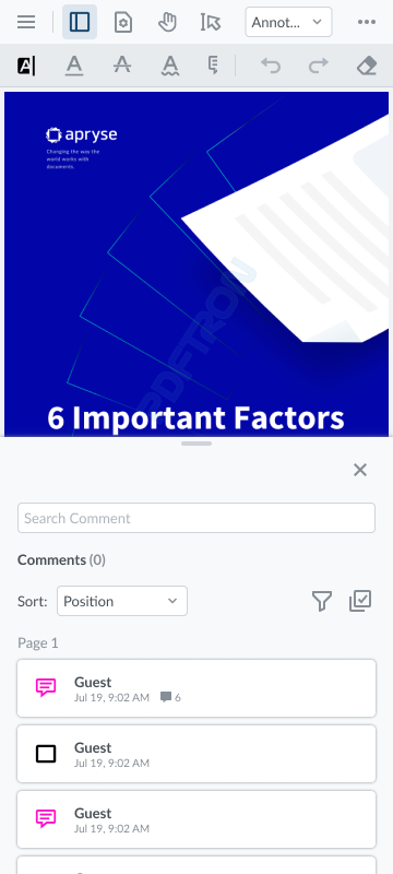 The redesigned Xodo comment panel on a phone, defaulted to half the screen with the document still visible behind it.