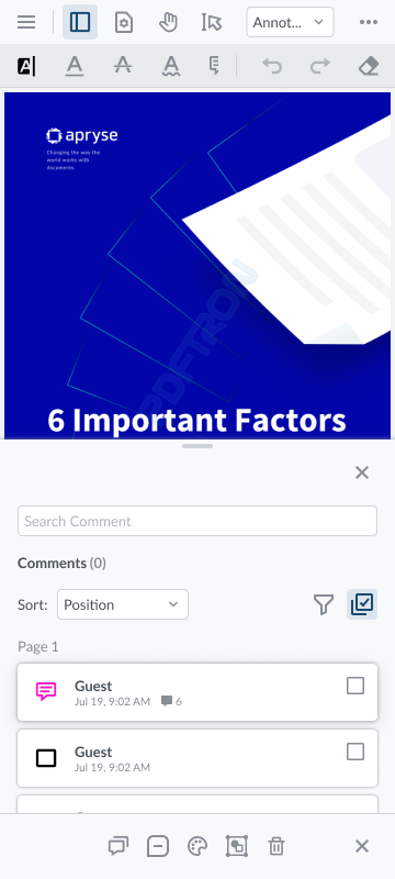 The redesigned WebViewer comment panel on a phone: the panel takes the lower half and the document stays visible above it.