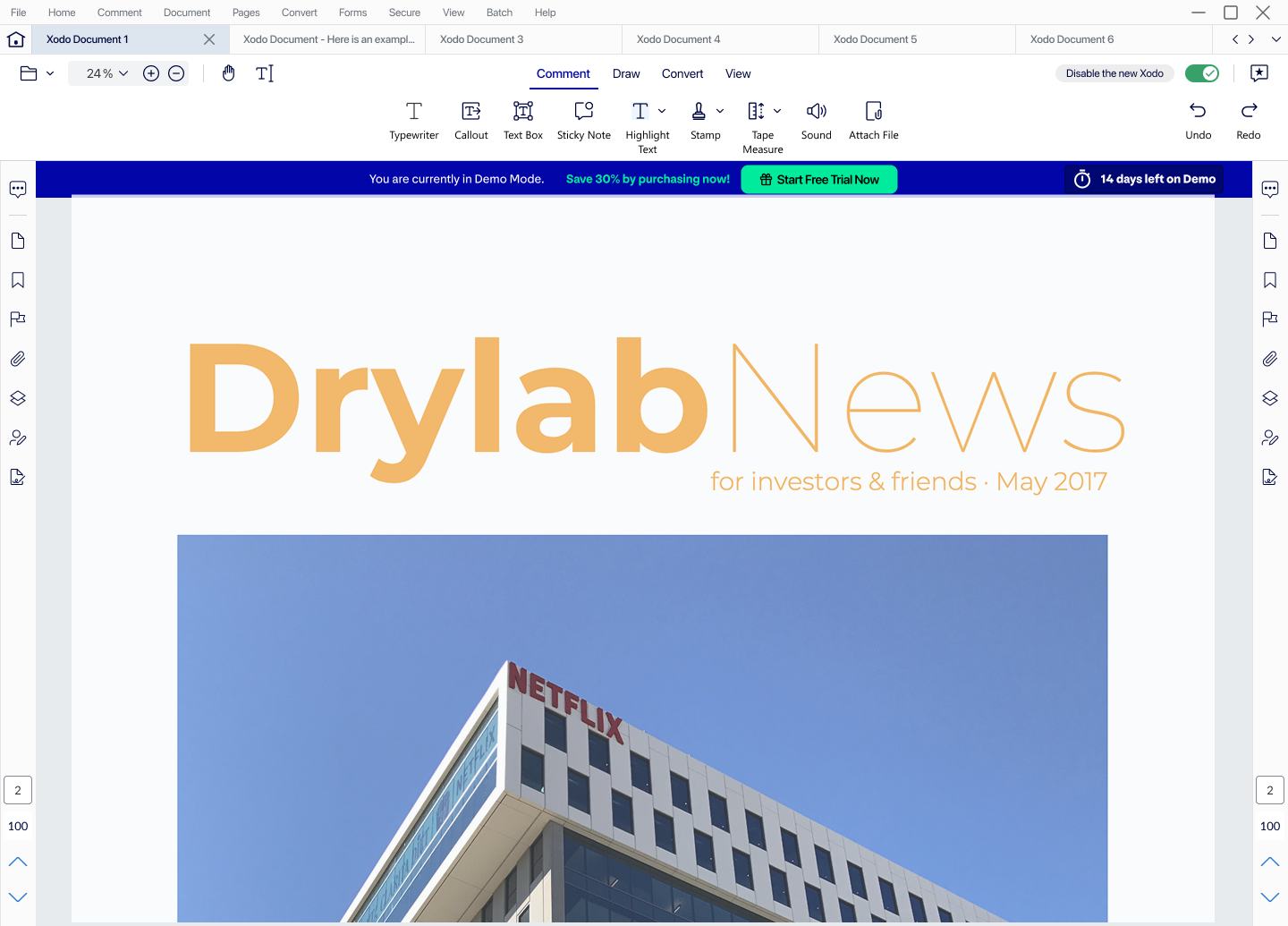 The redesigned interface with the same blue demo banner above an open document, beneath a light grey tabbed toolbar.