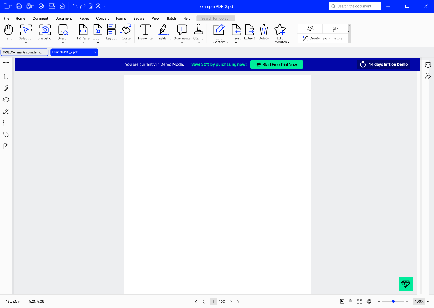 The old interface with a blue demo banner across the top of the document area reading "You are currently in Demo Mode", a Save 30% link, a Start Free Trial Now button and a "14 days left on Demo" countdown.