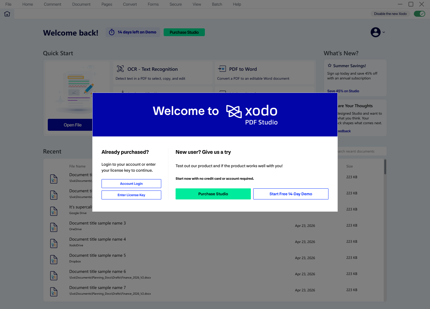 The same demo dialog over the redesigned interface, which uses a light grey menu bar and shows the new home screen behind the dialog instead of an empty document view.