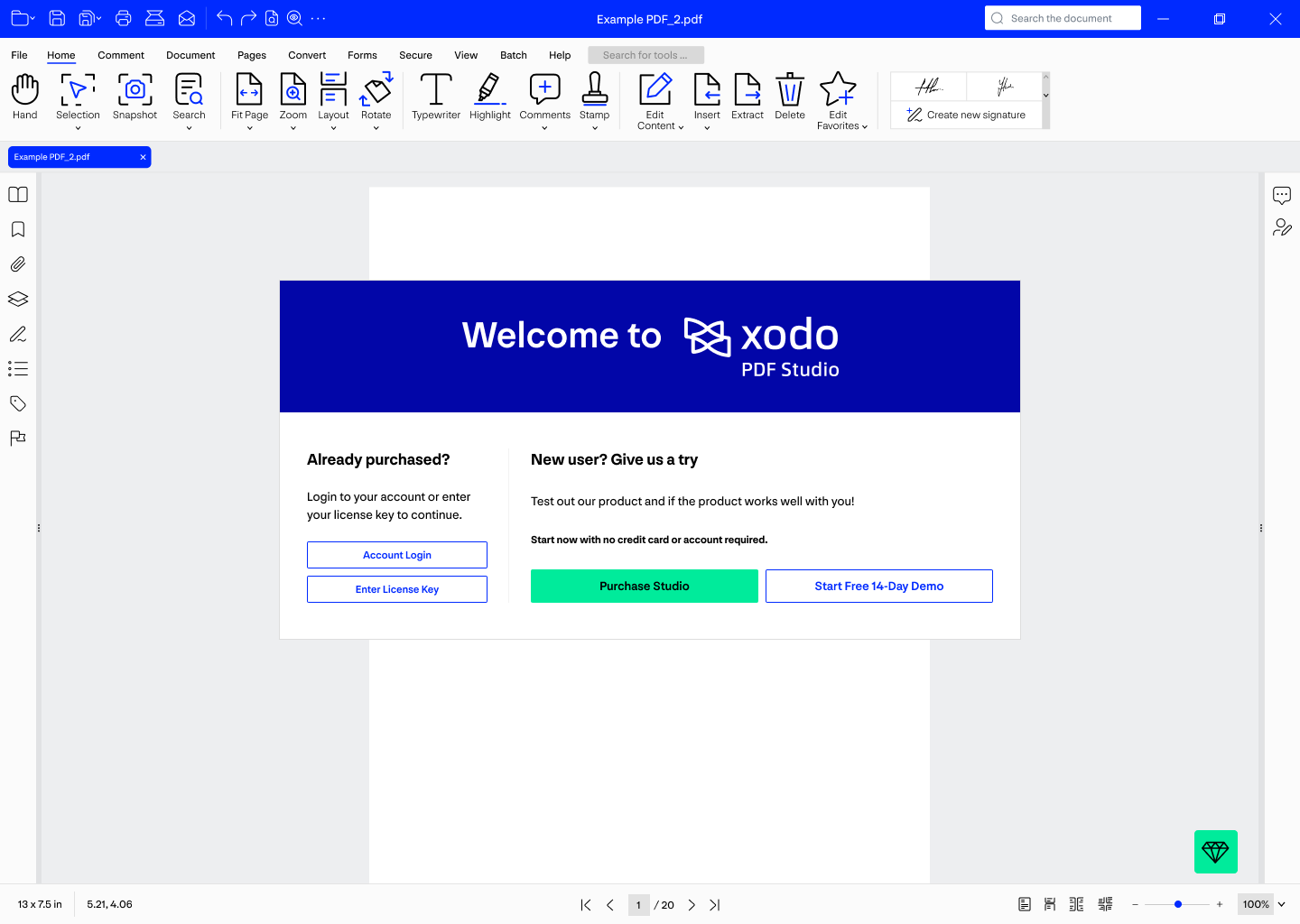 The demo dialog over the old Xodo PDF Studio interface, which has a bright blue title bar and toolbar. The dialog offers Account Login and Enter License Key on the left, and Purchase Studio or Start Free 14-Day Demo on the right.