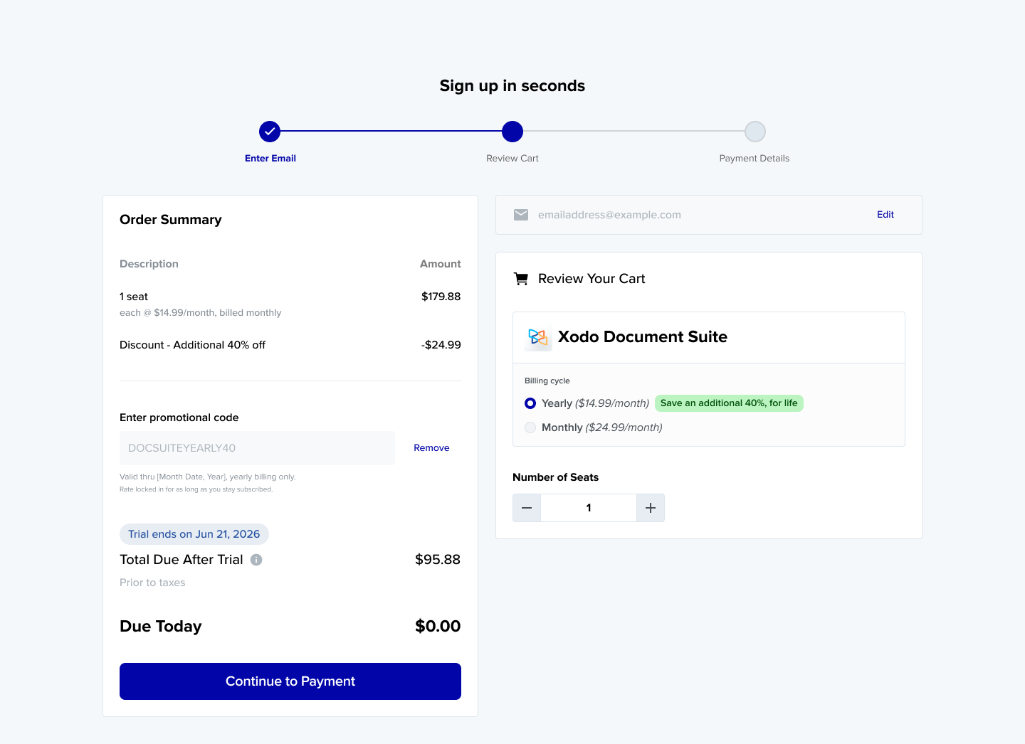 The rebuilt Xodo checkout: a three-step progress bar across the top, the order summary on the left with the promotional code applied and "Due Today $0.00" as the final line, and the cart on the right with billing cycle and seat count.