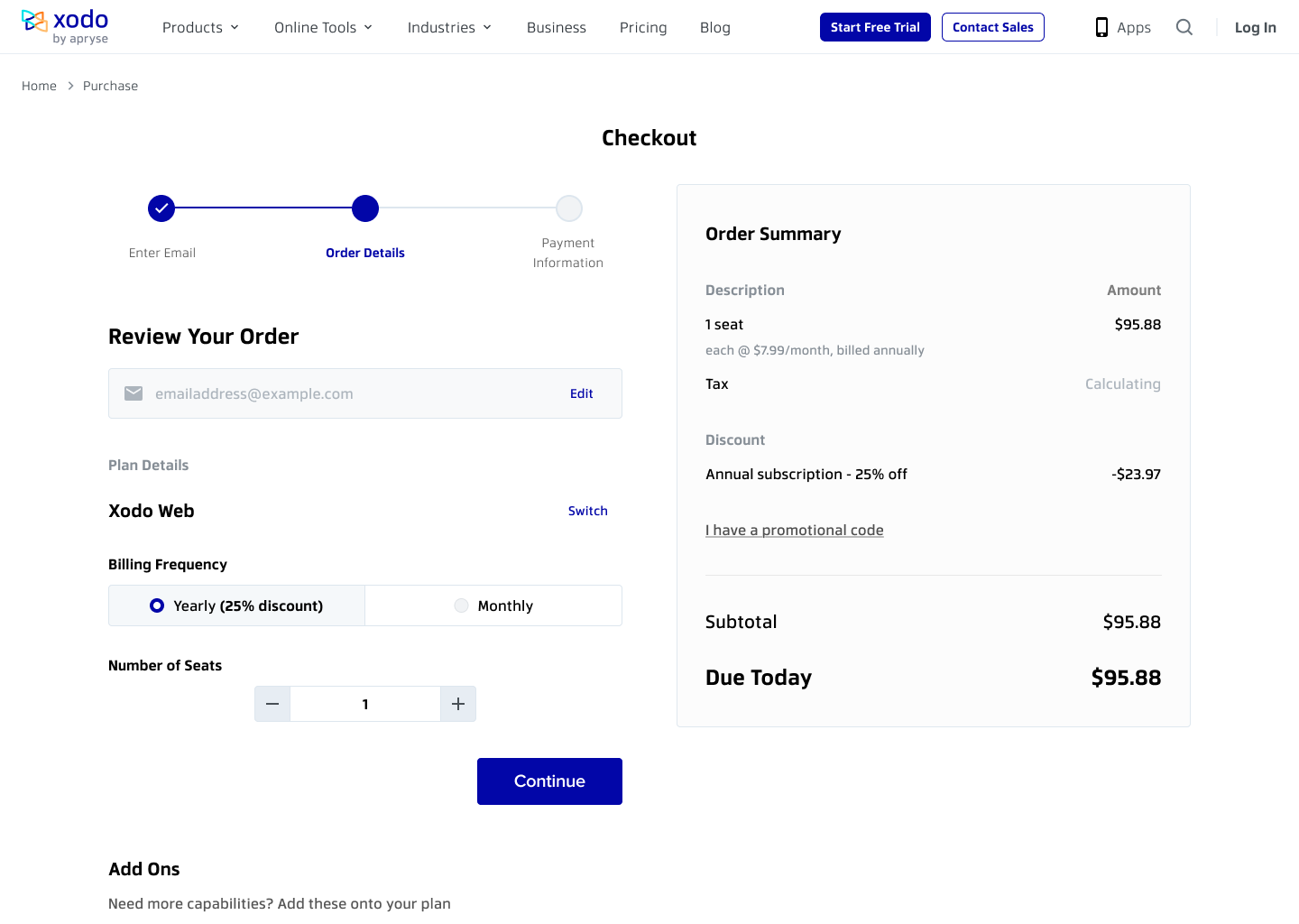 Checkout step two, option one: a horizontal three-dot progress stepper across the top reading Enter Email, Order Details and Payment Information, with billing frequency as a segmented Yearly / Monthly toggle and the order summary in a card on the right.