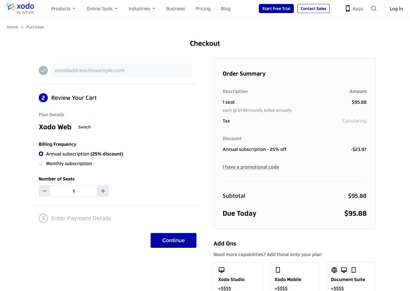 Checkout step two, option two: the three steps stacked as a numbered vertical accordion, with the completed email step collapsed to a tick and step three, Enter Payment Details, greyed below the open cart.