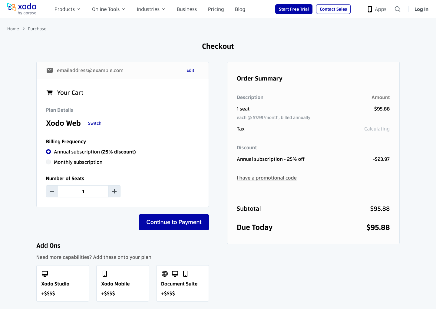 Checkout step two, option three: no stepper at all. The confirmed email and the cart sit together in a single bordered card, with an explicit Continue to Payment button beneath it.