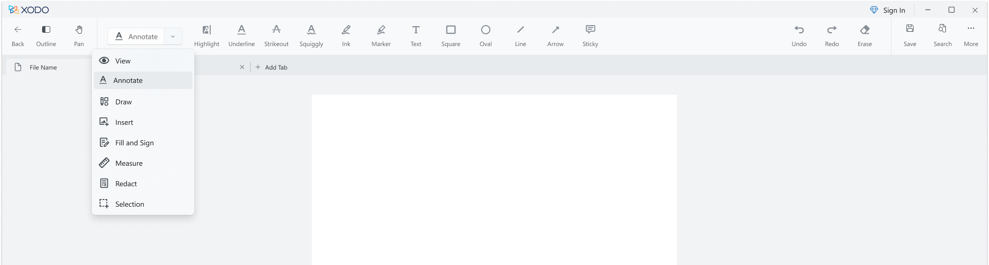 The redesigned Xodo for Windows toolbar: every tool labelled, the most-used ones first in the row, and a category menu open on Annotate.